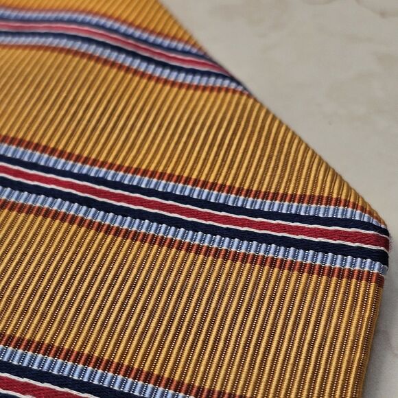 Hickey Freeman Made in USA Yellow Red Blue Repp Stripe Silk And Cotton Tie Woven - Picture 2 of 9